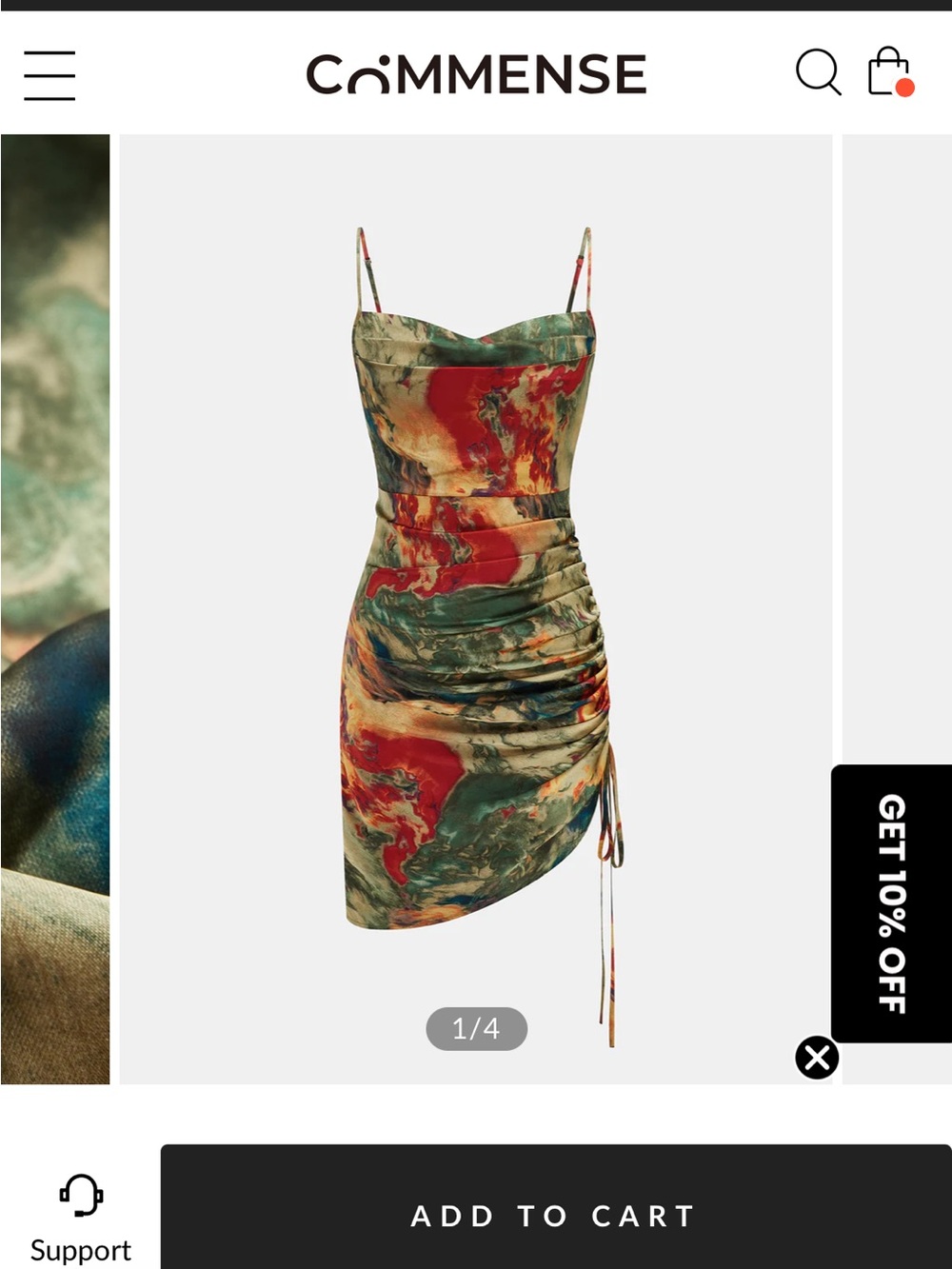 COMMENSE Marble-Print Asymmetrical Ruched Slip Dress in Green and Red